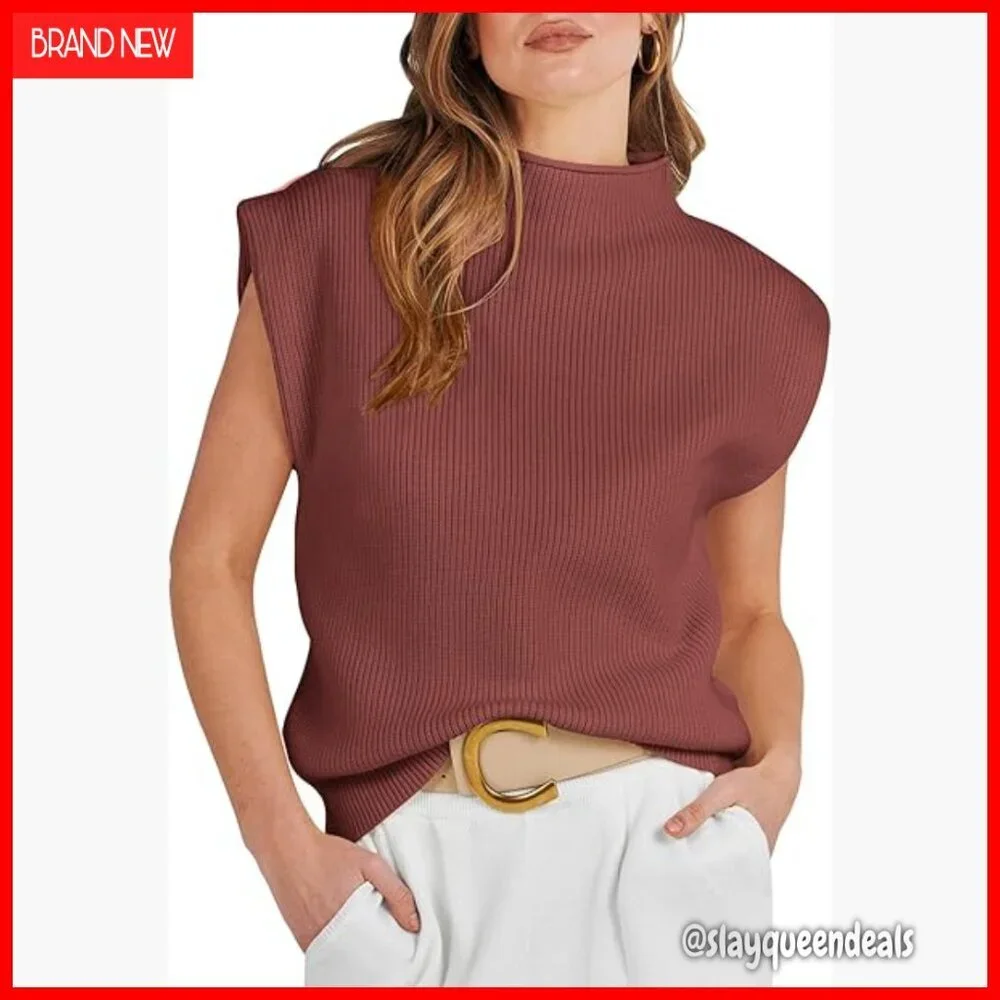 Mock Neck Sleeveless Sweater Vest Cap Sleeve Knit Pullover Tank Top